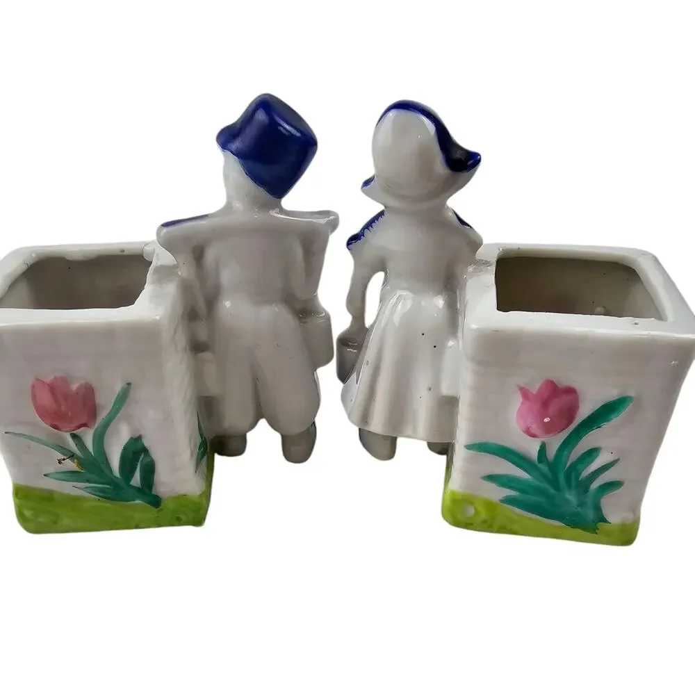 Vintage‎ Japan Dutch Blue & White Dutch Children 3'' Planters. Tulips,
